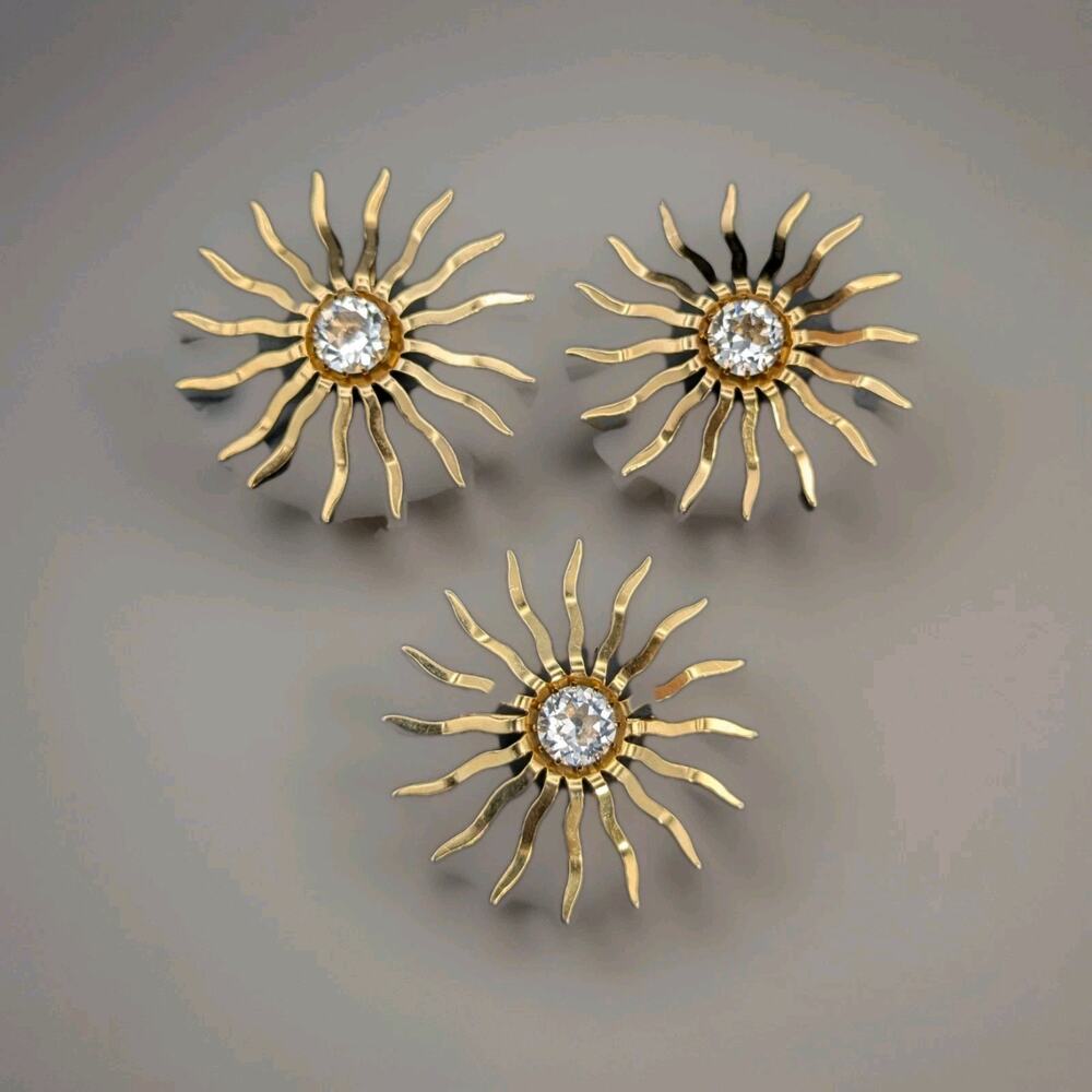 SARAH COVENTRY ATOMIC STARBURST GOLD TONE CELESTIAL SUN 2” BROOCH EARRINGS SET